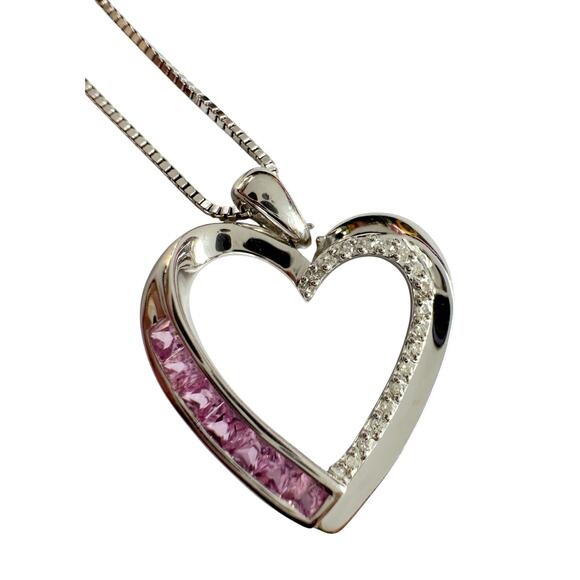 Pink & White Heart Necklace with Lab Created Sapphires - Sterling Silver - Picture 12 of 14